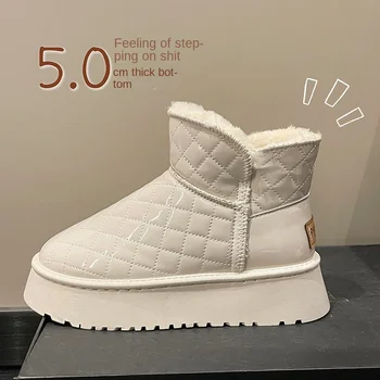 Зимни зимни обувки от мека и дебела подметка 5,0 см, модни плюшен топло нескользящая градинска обувки, дамски ботуши на нисък ток с кръгло бомбе