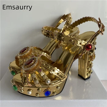 Златни дамски сандали с каишка на щиколотке от естествена кожа с висока платформа и масивна обувки с диаманти, луксозни сватбени обувки с кристали, дамски