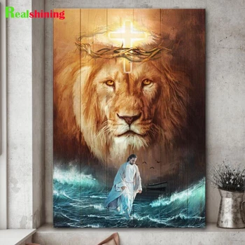 Исус И Лъв 5D Диамантена Картина Лъвът на Юда Пълна Кръгла, Квадратна Бродерия Религиозна Икона САМ Мозайка кръст Бод J596