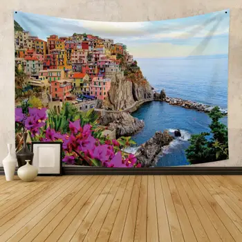 Италиански Инфинити гоблен Клифсайд Village Cinque Terre Морски пейзаж, стенен интериор за спални, хол, домашен интериор на хотел