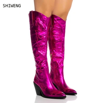 Каубойски дамски ботуши в стил Уестърн 2022, есен-зима, розово-червени каубойски ботуши до коляното, дамски обувки с бродерия и с остър пръсти 44