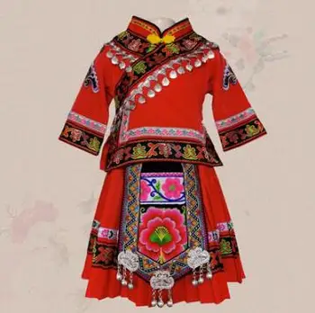 Китайски етнически стил, женски фестивал факли Yi, комплект дрехи с бродирани пола за момичета