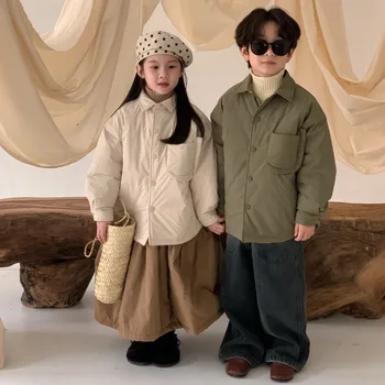 Корейското зимно Детско палто за момичета с памучна подплата, мазнина за отложной яка, яке за момичета, Свободно Однобортное палта за момичета