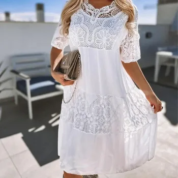 Летни рокли за жените 2023 Ново Бяло Дантелено рокля в стил мозайка с кръгло деколте и къс ръкав, Пола Дамска Елегантна Луксозна пола