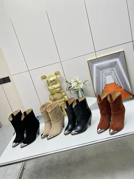 Марка BEGONIA/ Изработени по поръчка обувки в западен стил на висок ток 8 см; Дамски кожени обувки, в Британския стил, С Метална бомбе; Къси ботуши на 