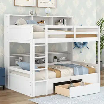 Модерна дървена двуетажно легло с рафтове и чекмедже за детска стая, бял
