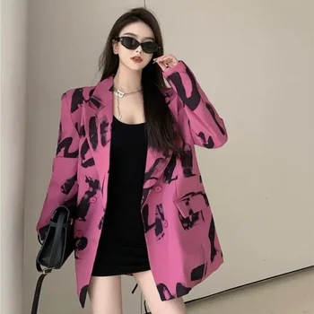 Модни блейзери свободно намаляване за жени, новост 2023 г., модерен случайни яке в гонконгском стил с писмото принтом високо качество