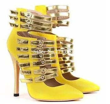 Модни дамски жълти обувки-лодка на висок ток с остър пръсти, Златни въжета, вечерни обувки на висок ток с изрезки, Голям размер