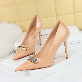 Модни обувки-лодка с кристали и лък, заточени Секси сандали на висок ток с отворени пръсти, Луксозни маркови дамски сватбени обувки на висок ток