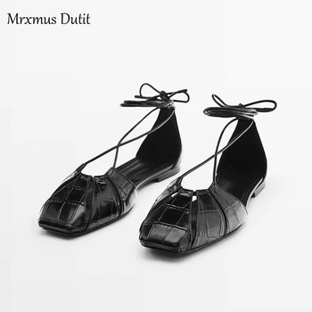Модни сандали Mrxmus Dutit 2023, Летни Нови Черни Кожени Сандали на равна подметка с Кухи каишка