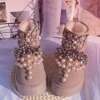 Непромокаеми зимни обувки table pearl rhinodrill на дебела подметка с флисом, топли обувки ръчна изработка на меху по поръчка, женски 35-39