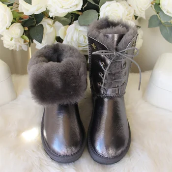 Новата класически дамски обувки, качествени непромокаеми зимни обувки от естествена овча кожа, топли зимни дамски ботуши от естествена вълна.