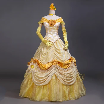 Ново записване, луксозен cosplay-костюм на принцеса Жълта рокля Красавици за жени, Костюми за Хелоуин, ушити по поръчка
