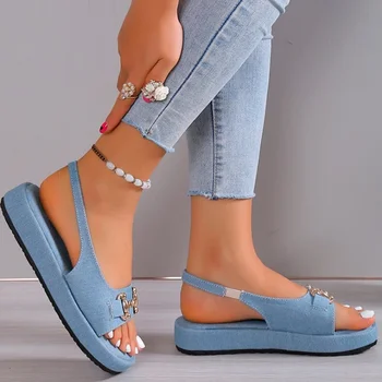 Обувки за жени 2024 Нови летни дамски сандали с однотонным метален орнамент на среден ток, водоустойчив ежедневни дамски сандали с отворени пръсти