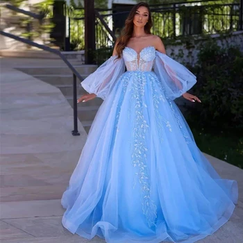 Очарователно небето-синьо блестяща рокля за абитуриентски бал с кружевными апликации, расшитое мъниста, Подвижни, буйни ръкави, тюлевые бални рокли, корсети, вечерна рокля на принцеса