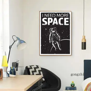 Печат върху платно, с пускането на астронавти в открития космос, е черно-бяла стенни модел от космическото пространство, научно-фантастичен плакат, интериор на детска стая