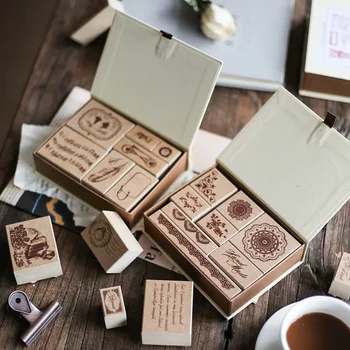 Ретро комплект дървени, гумени клишета в стил бележки с кружевными пера, декоративни гумени печати за направата на картички и писма