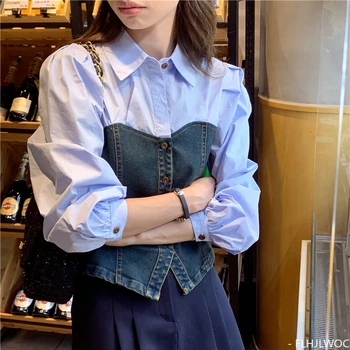 Риза с ивици от изкуствена две части в стил мозайка Нови дамски Шик Корейски Къси блузи с дълъг ръкав, Приталенная Блуза-риза с копчета