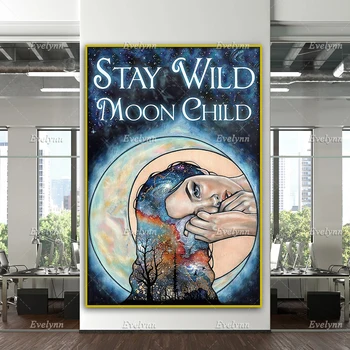 Хипи-момиче, остани Дивата Луна, детски плакат, начало декор, стенни отпечатъци върху платно, декорация на хола, уникален подарък