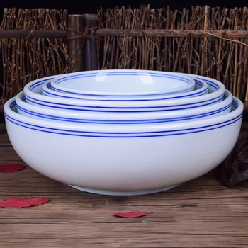 Цзиндэчжэньская керамични бяло-синя купа, купа за спагети, Порцеланова посуда с дебела китайски просто на ръба, купа със сини ръбове