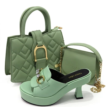 Чехли 2023 Зелен Цвят, Италиански Дизайн, Модни Чанта с Диаманти, Чанта през рамо и каишка, Обувки и чанта за Крайградски Пътувания на висок ток