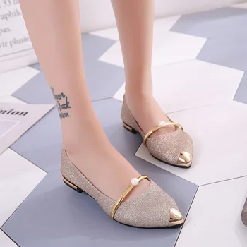 Дамски обувки Модерен ежедневни Лято 2024 Елегантни дамски обувки на нисък ток с перли Класически луксозни обувки-лодка Женски офис слипоны